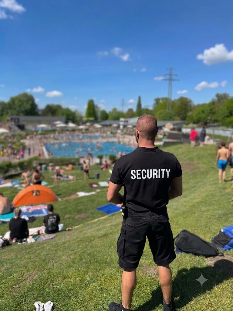 Security-Mitarbeiter beobachtet Badegäste im Freibad